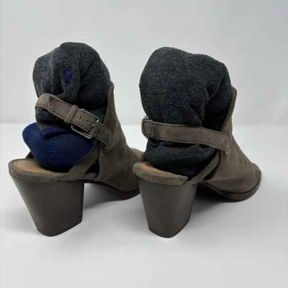 Frye Dani Shield Sling Gray Suede Peep Toe Heeled Sandal 11 Block Heel Shoe - Picture 4 of 16